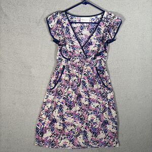 Yumi Kim Womens S Mini Dress Flutter Sleeve Faux Wrap Pockets Navy Trim Surplice